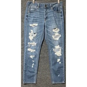 American Eagle Tomgirl Button Fly Jeans Womens 8 Medium Wash Distressed Denim